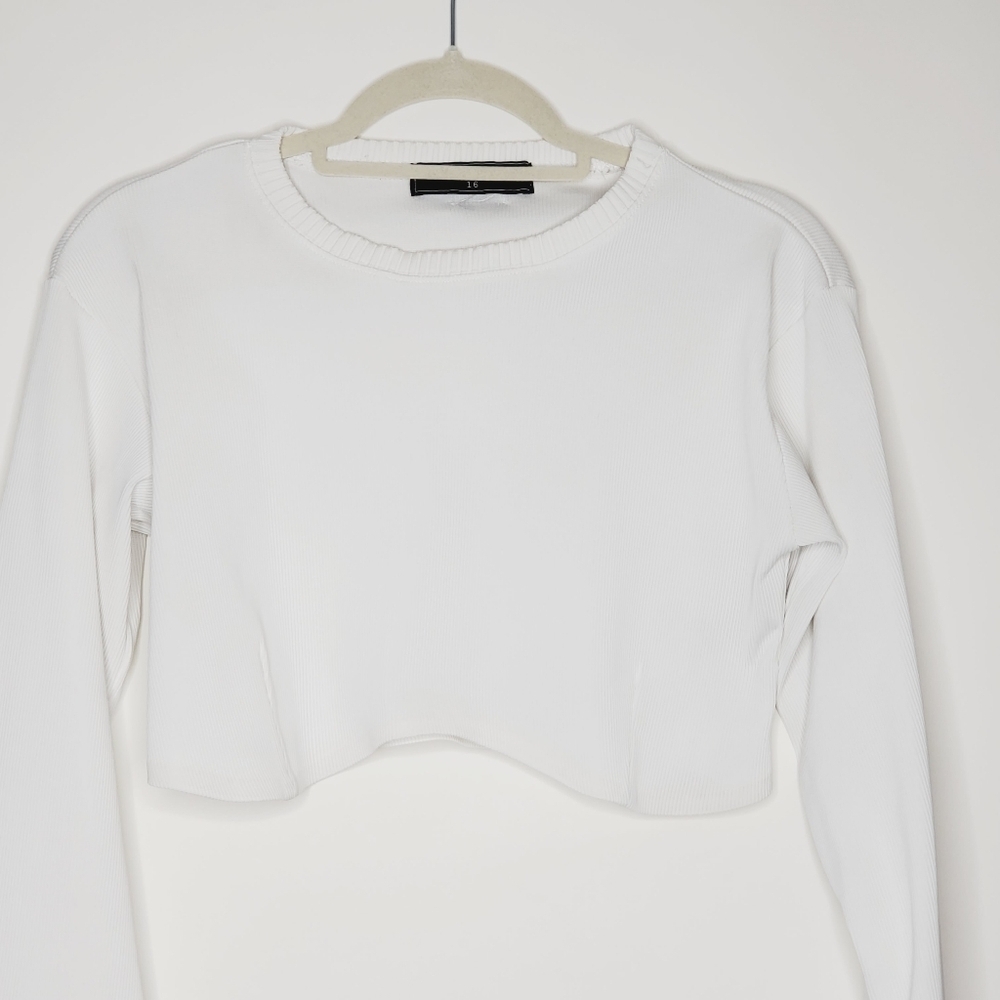 Maniere De Voir Ribbed Crop Top Size 16 White Long Sleeve Pullover Baddie Spring - Picture 3 of 12
